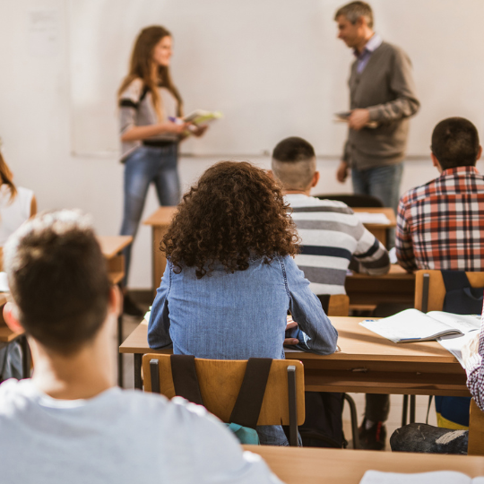 Back view of students in a classroom